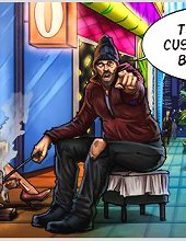 Very dirty comic porn game with poor street whore serving hobo cock